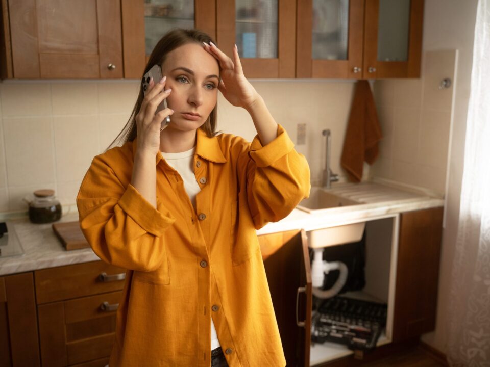 A woman in a yellow shirt stands in her kitchen while discussing urgent plumbing issues with a repair service regarding a leaky sink that needs immediate attention.
